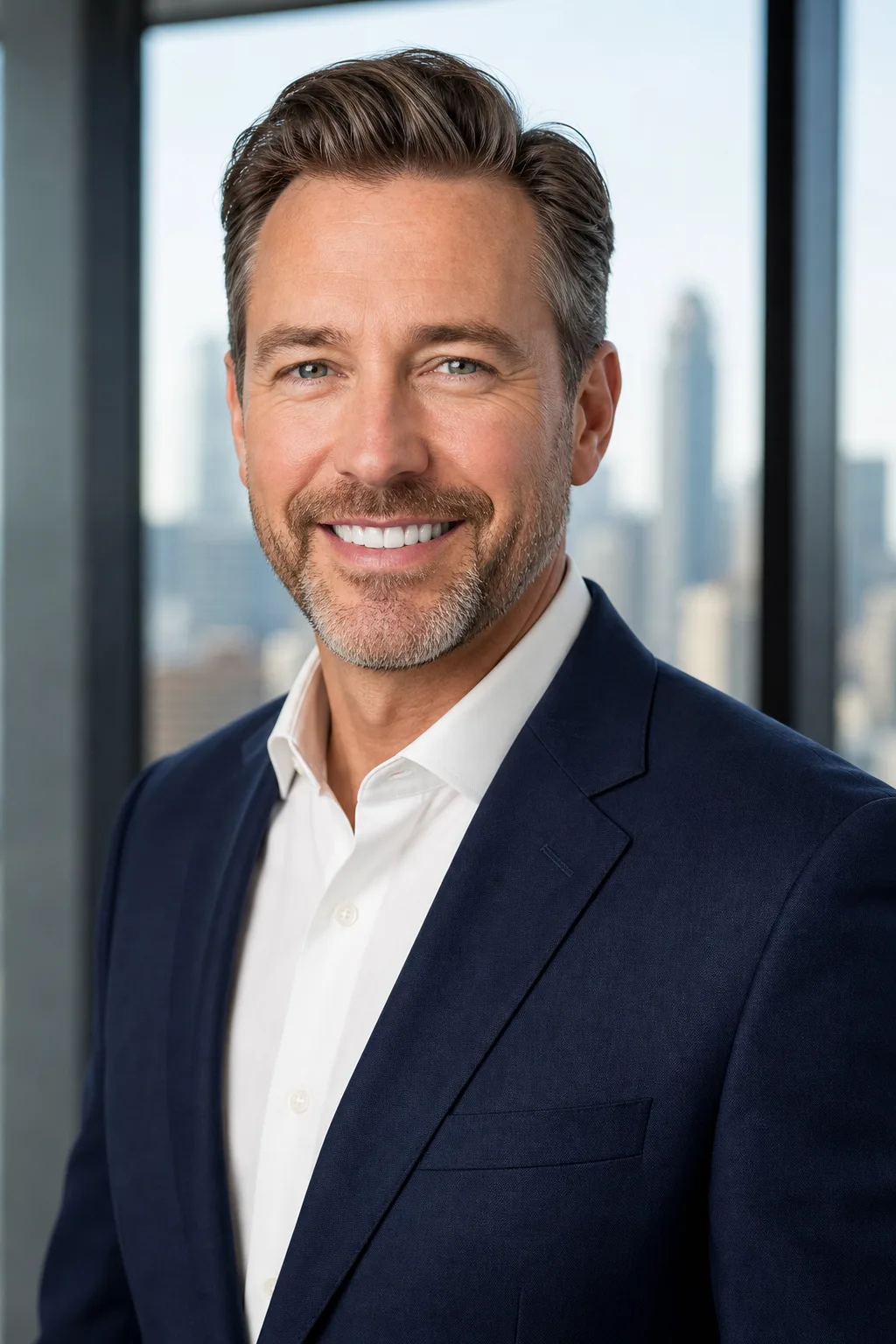 Corporate headshot, city window