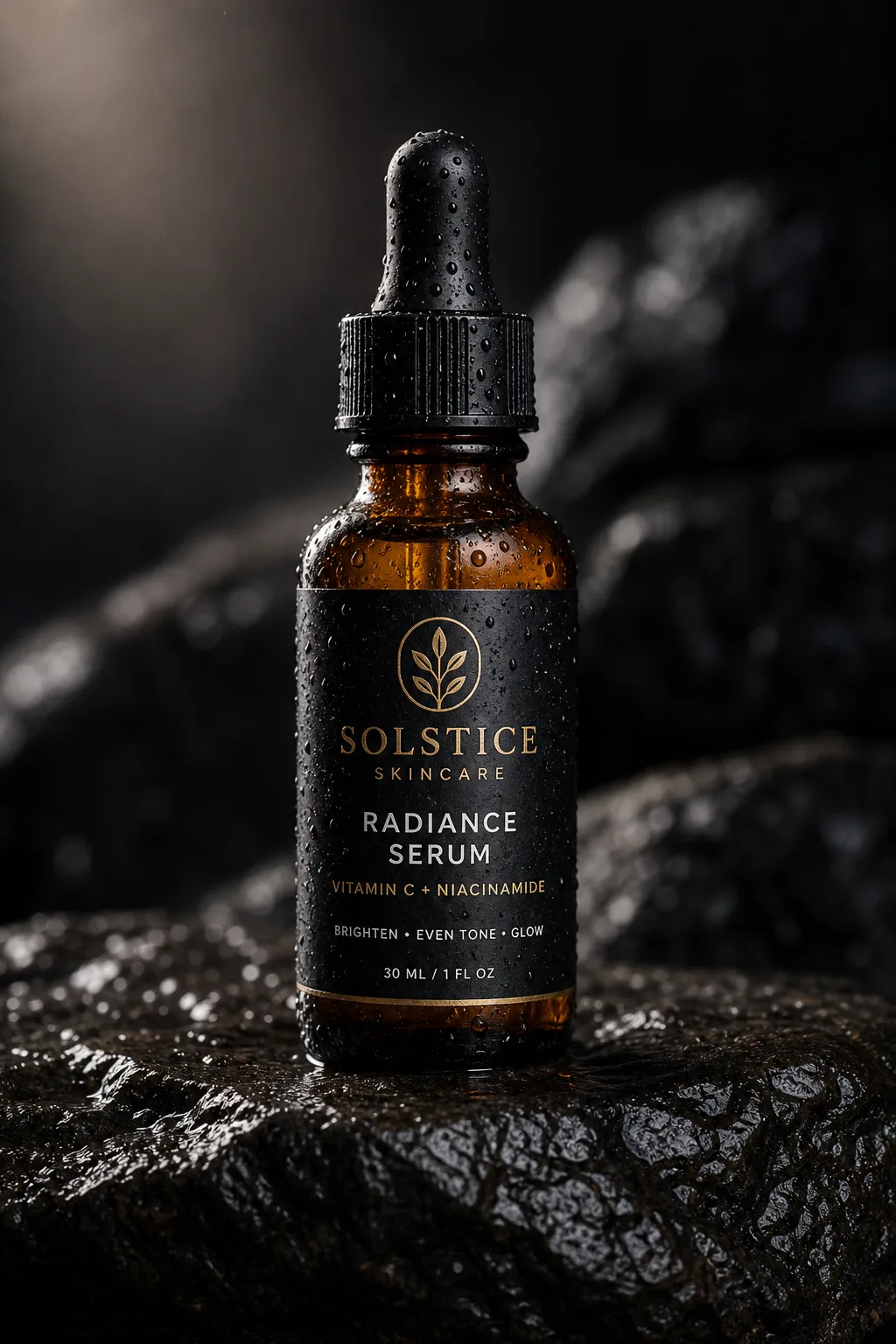 Skincare bottle on wet stone