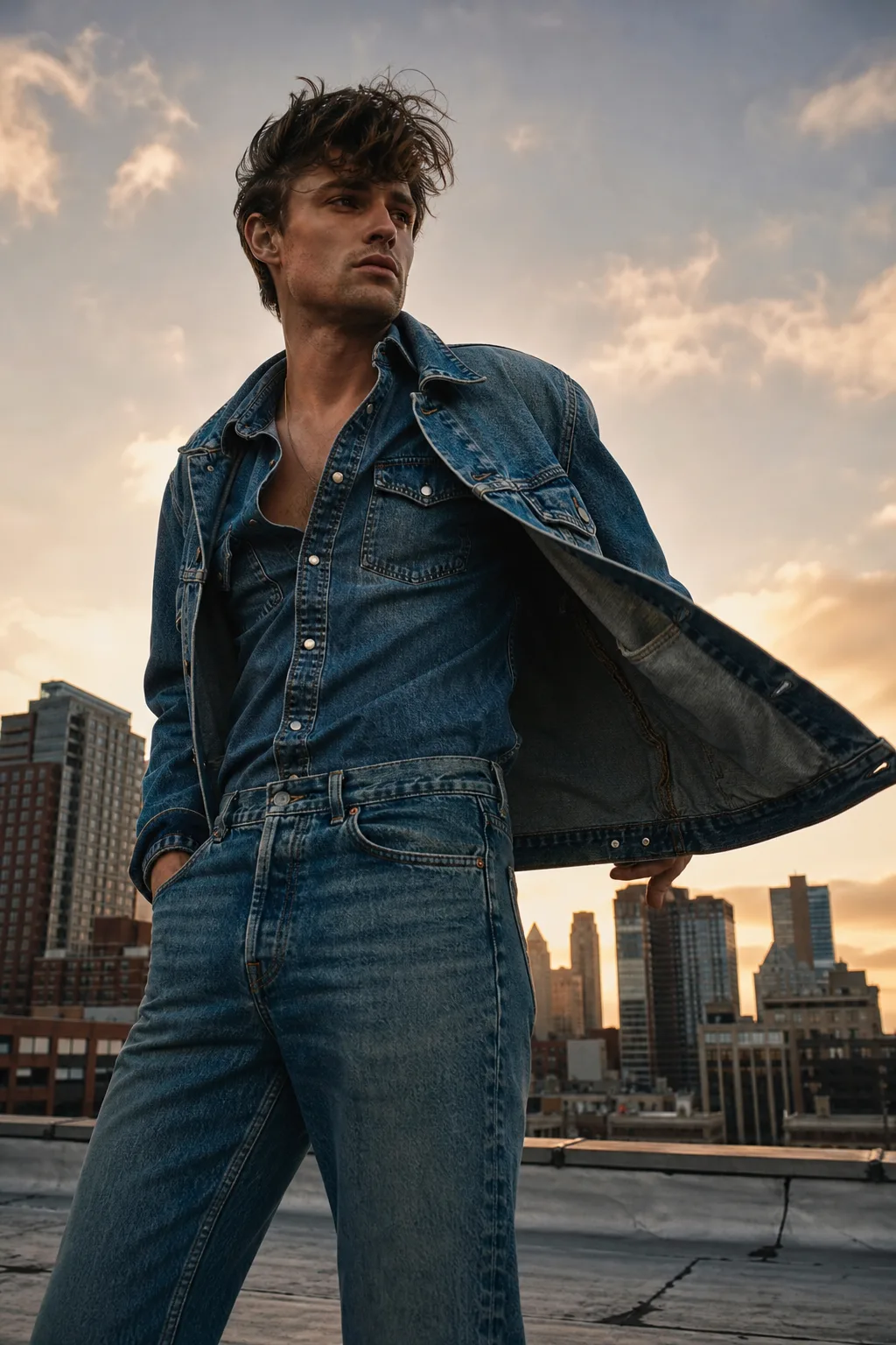 Denim editorial on rooftop
